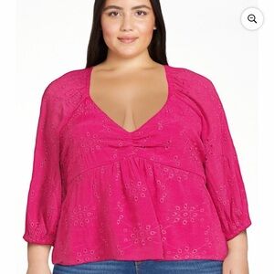 Sofia Vergara Hot Pink Eyelet V-Neck Babydoll Blouse – XXXL